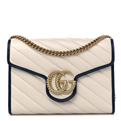 Gucci Vintage Effect Calfskin Matelasse Diagonal Torchon GG Marmont Chain Wallet Mystic White Blue Agata 1 of 10