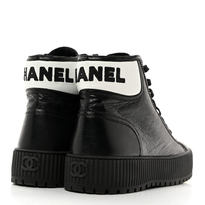 Chanel Aged Calfskin Lace Up Cap Toe Sneakers 38.5 Black White 4 of 9