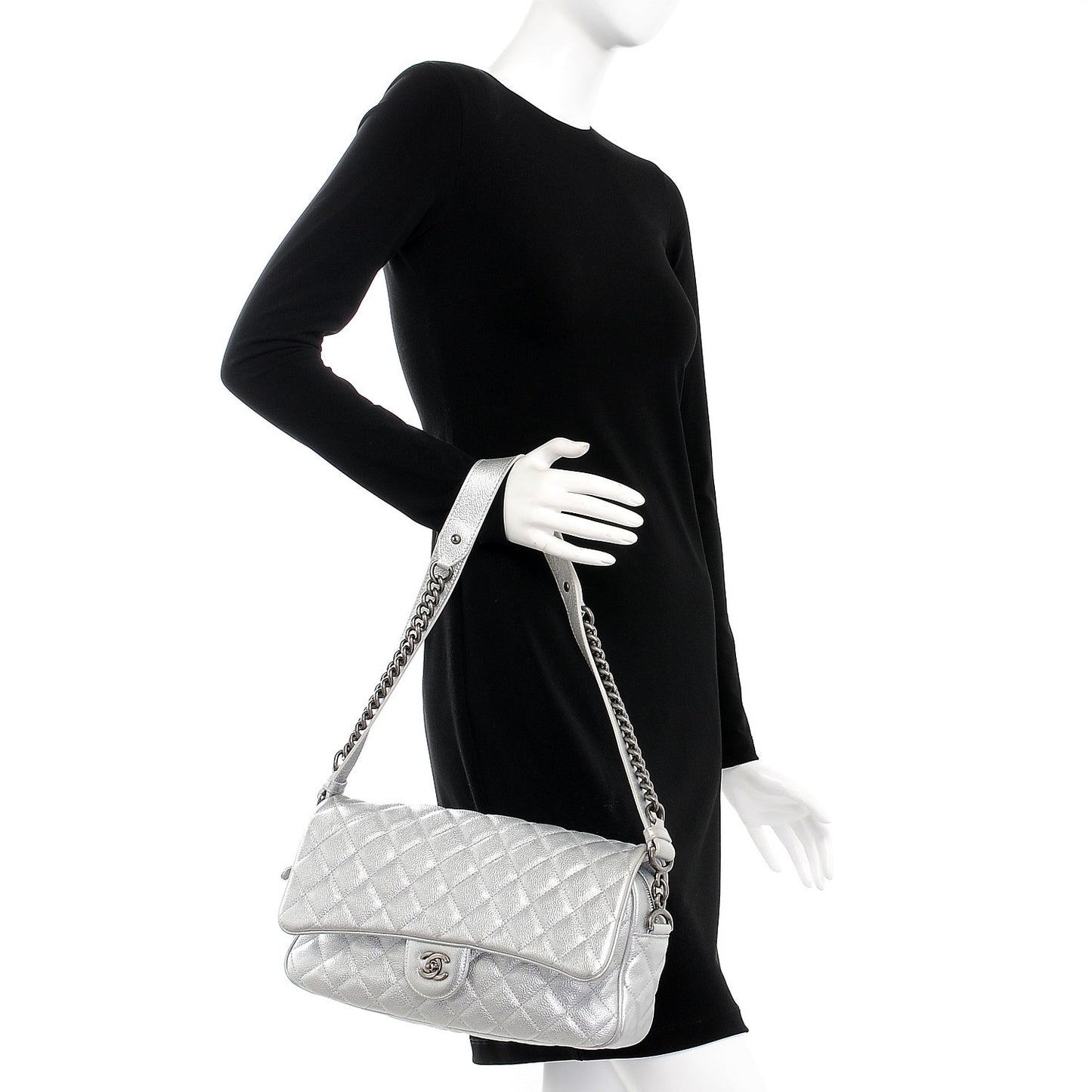 Metallic Calfskin Quilted Medium Casual Rock Flap Silver