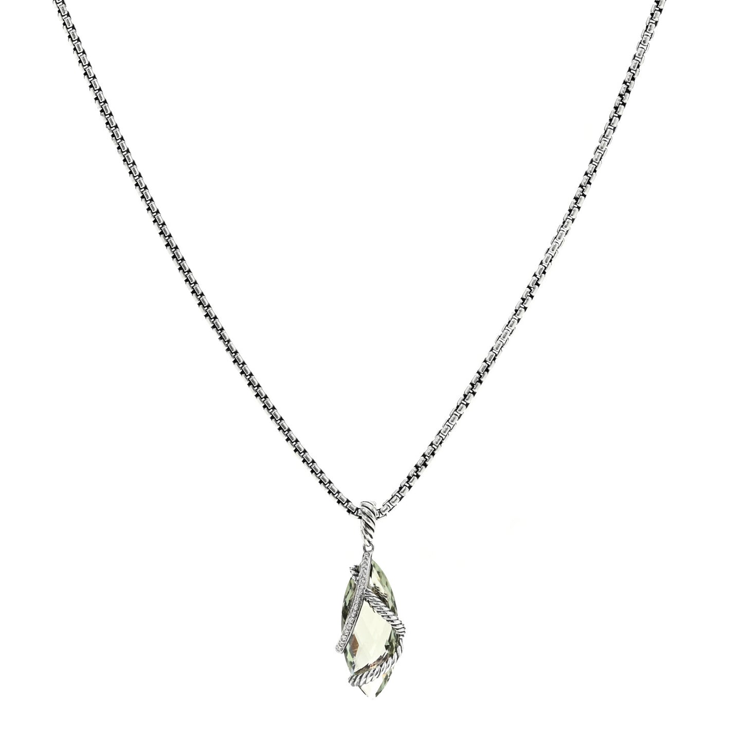 Sterling Silver Diamond Prasiolite Elongated Cable Wrap Pendant Necklace