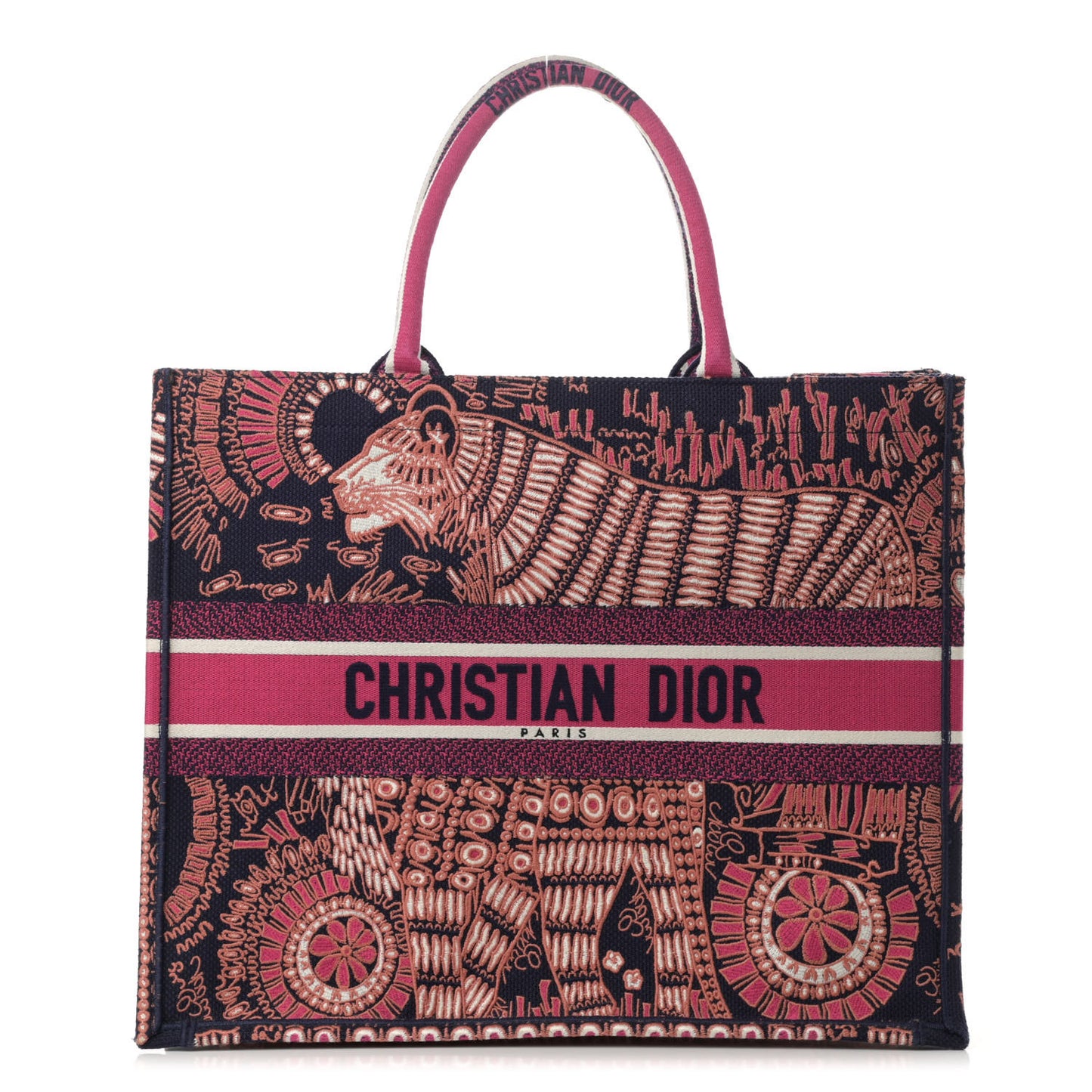 Canvas Embroidered Dior Animals Tiger Book Tote Deep Blue Fuchsia