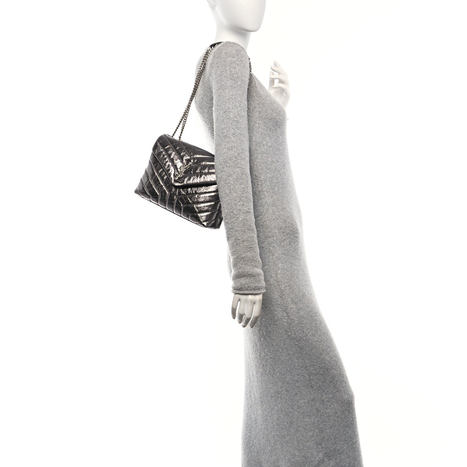 Saint Laurent Metallic Calfskin Y Quilted Monogram Small Loulou Chain Satchel Acciaio 2 of 10