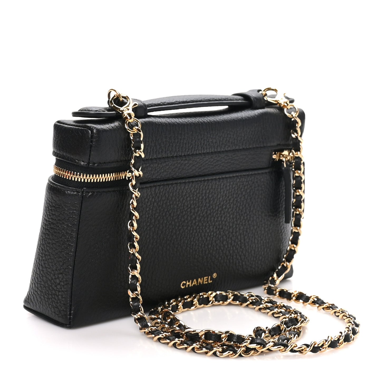 Grained Calfskin Top Handle Slim Vanity Case With Chain Black