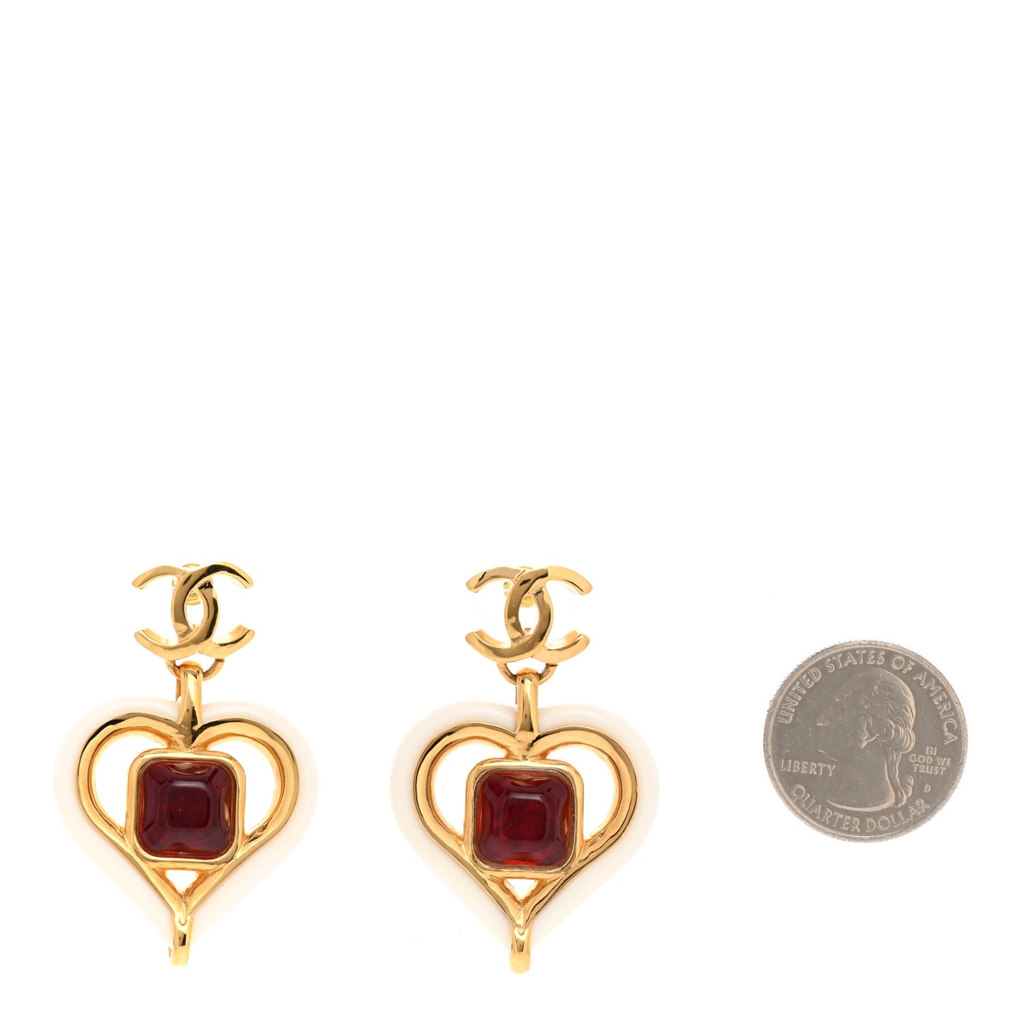 Resin Heart CC Drop Earrings White Red Gold