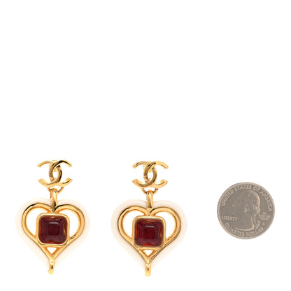 Chanel Resin Heart CC Drop Earrings White Red Gold 2 of 4