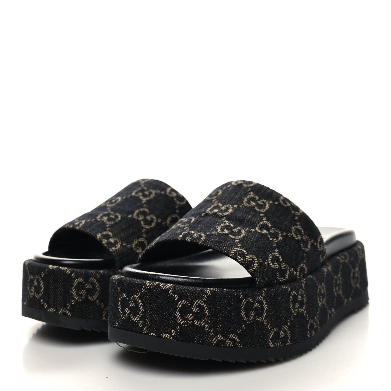 Gucci Jacquard Black Denim GG Monogram Angelina Platform 55mm Slide Sandals 36 Black Ivory 3 of 8