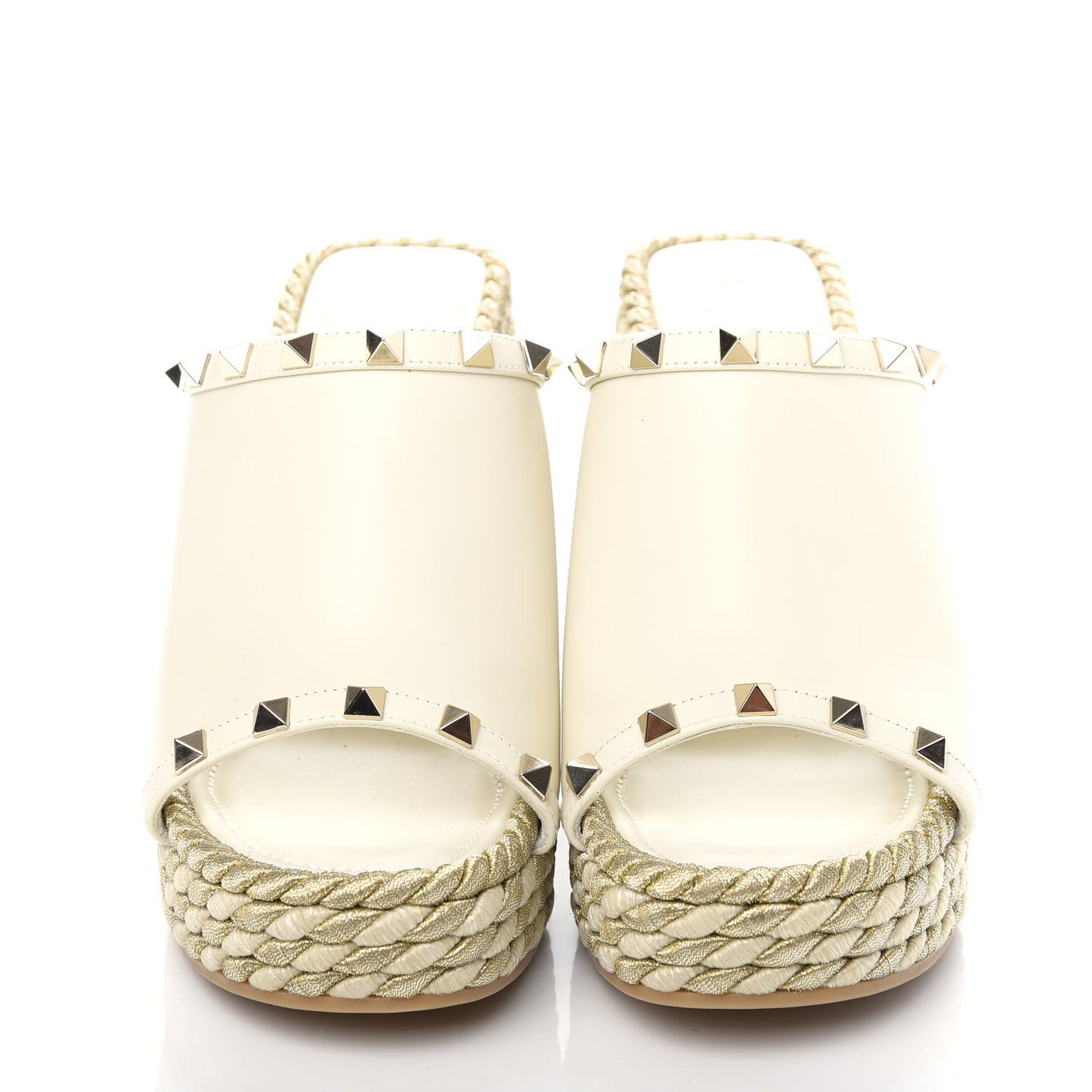 Calfskin Silk Rockstud Torchon Espadrille Wedge 25/115mm Slide Sandals 37 Light Ivory