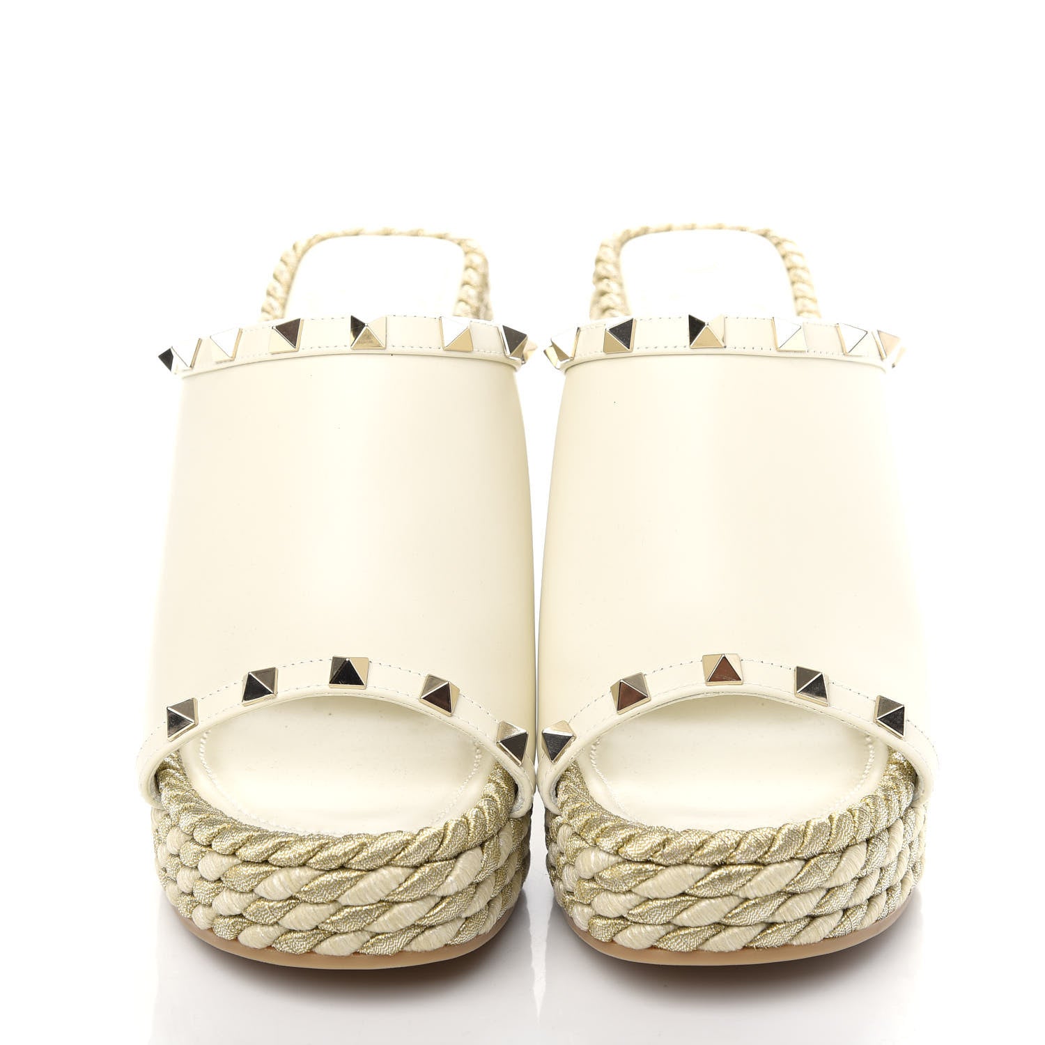 Valentino Garavani Calfskin Silk Rockstud Torchon Espadrille Wedge 25/115mm Slide Sandals 37 Light Ivory 2 of 10