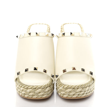 Valentino Garavani Calfskin Silk Rockstud Torchon Espadrille Wedge 25/115mm Slide Sandals 37 Light Ivory 2 of 10