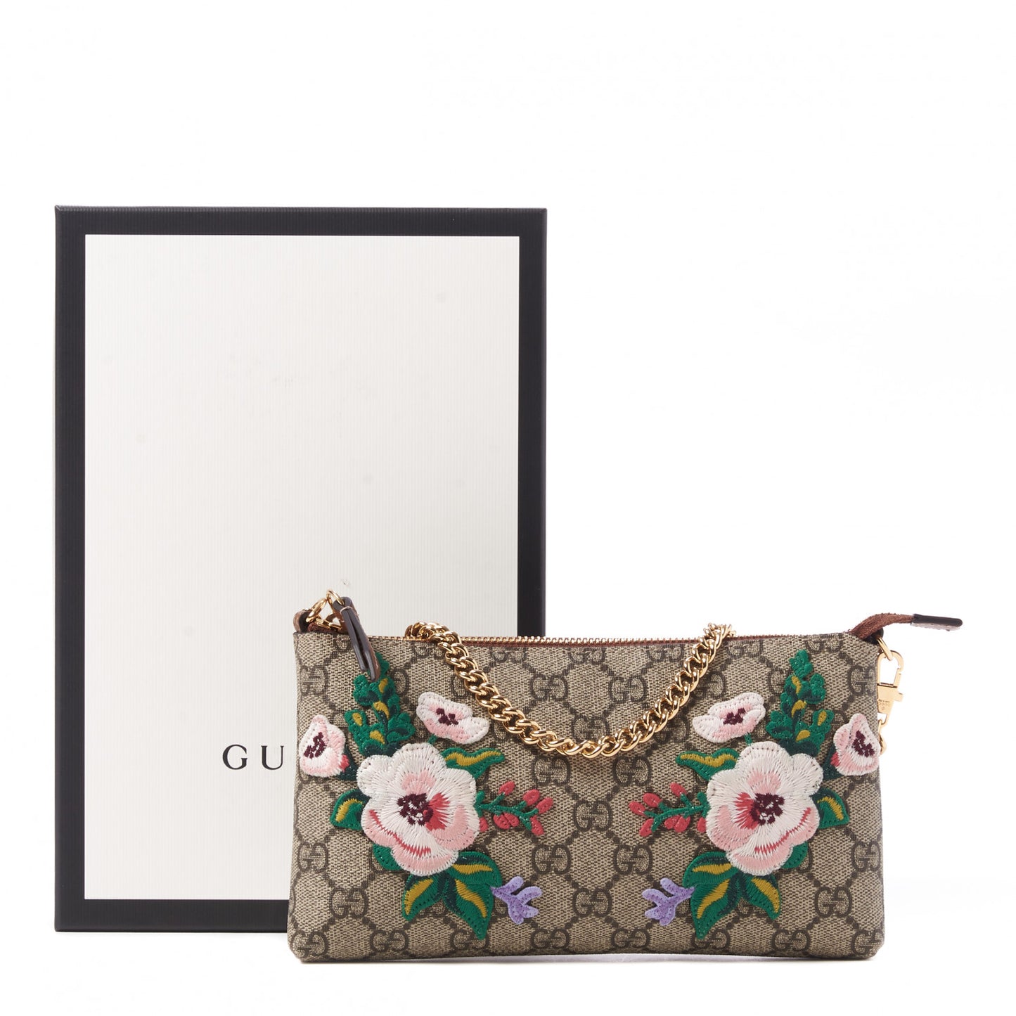 GG Supreme Monogram Embroidered Flower Chain Wrist Wallet