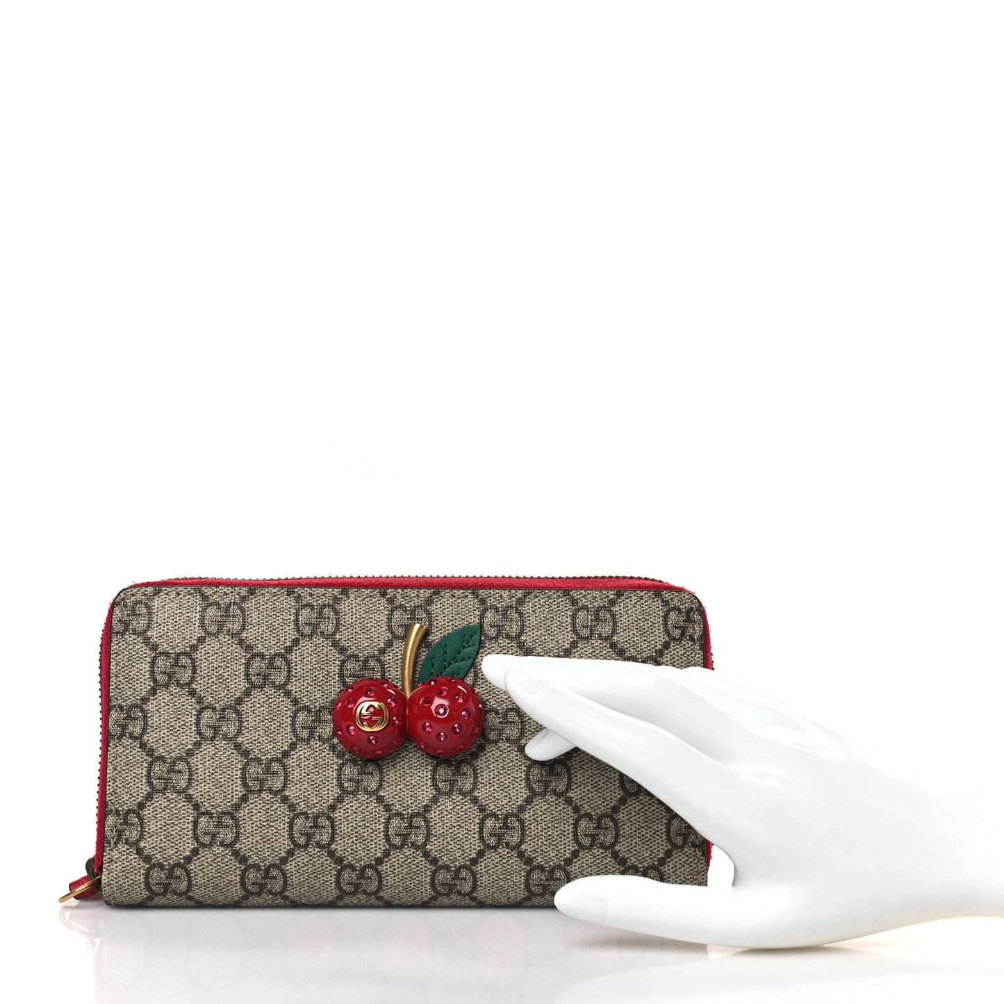 GG Supreme Monogram Cherries Zip Around Wallet Hibiscus Red