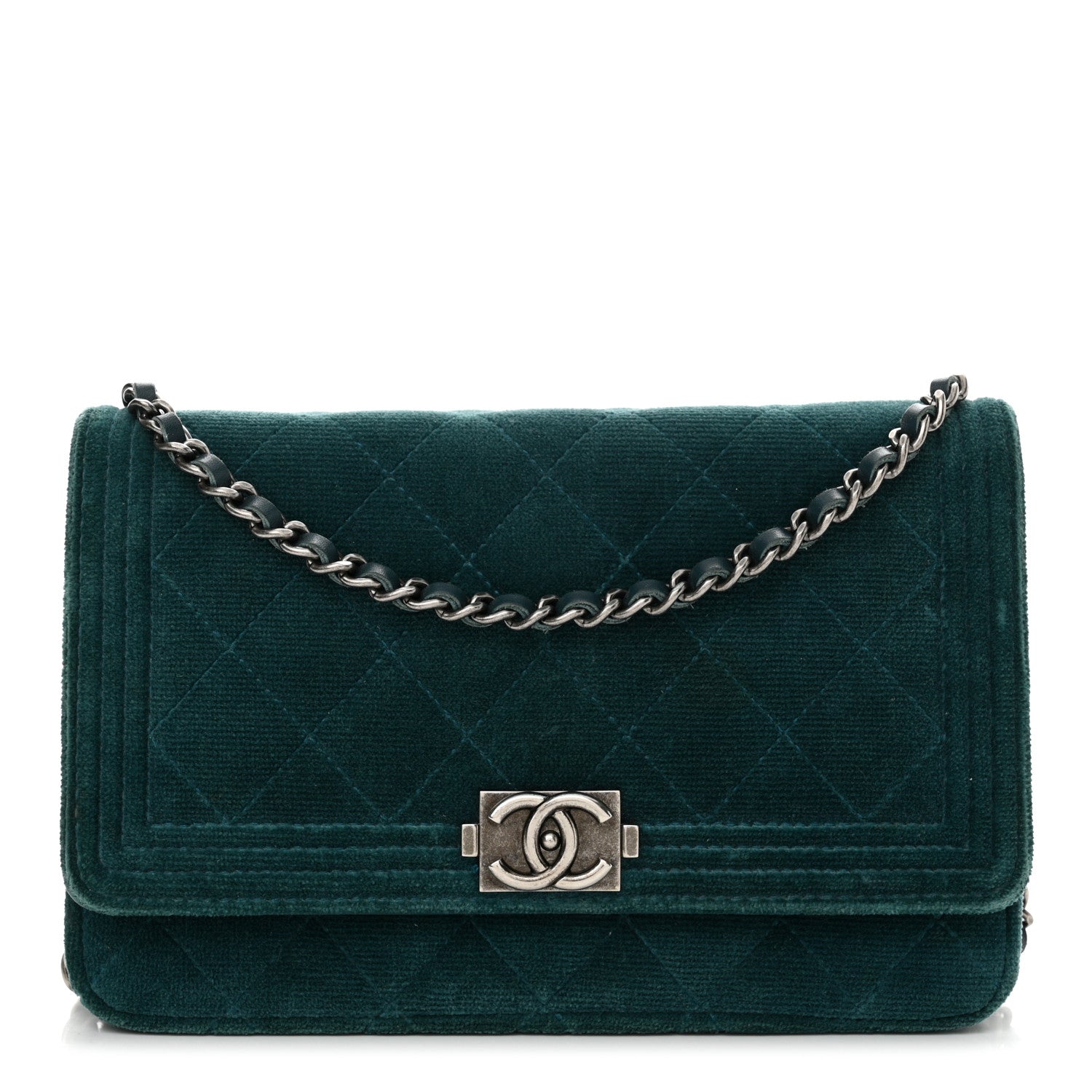 Chanel Velvet Quilted Boy Wallet On Chain WOC Teal 1 of 14