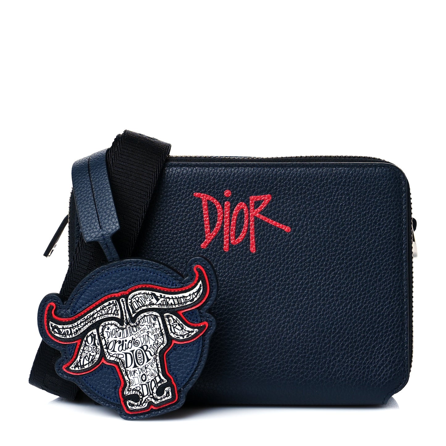 X SHAWN STUSSY Grained Calfskin Ox Head Crossbody Double Zip Crossbody Pouch Navy Blue
