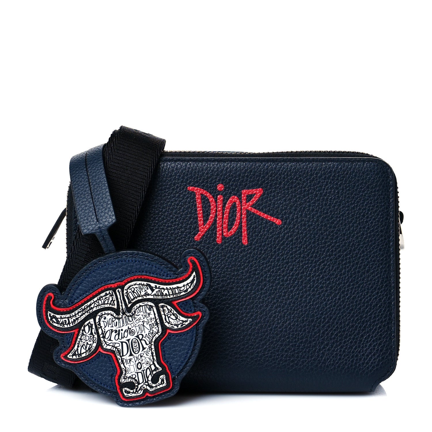 Christian Dior X SHAWN STUSSY Grained Calfskin Ox Head Crossbody Double Zip Crossbody Pouch Navy Blue 1 of 13