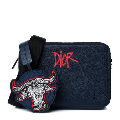 Christian Dior X SHAWN STUSSY Grained Calfskin Ox Head Crossbody Double Zip Crossbody Pouch Navy Blue 1 of 13
