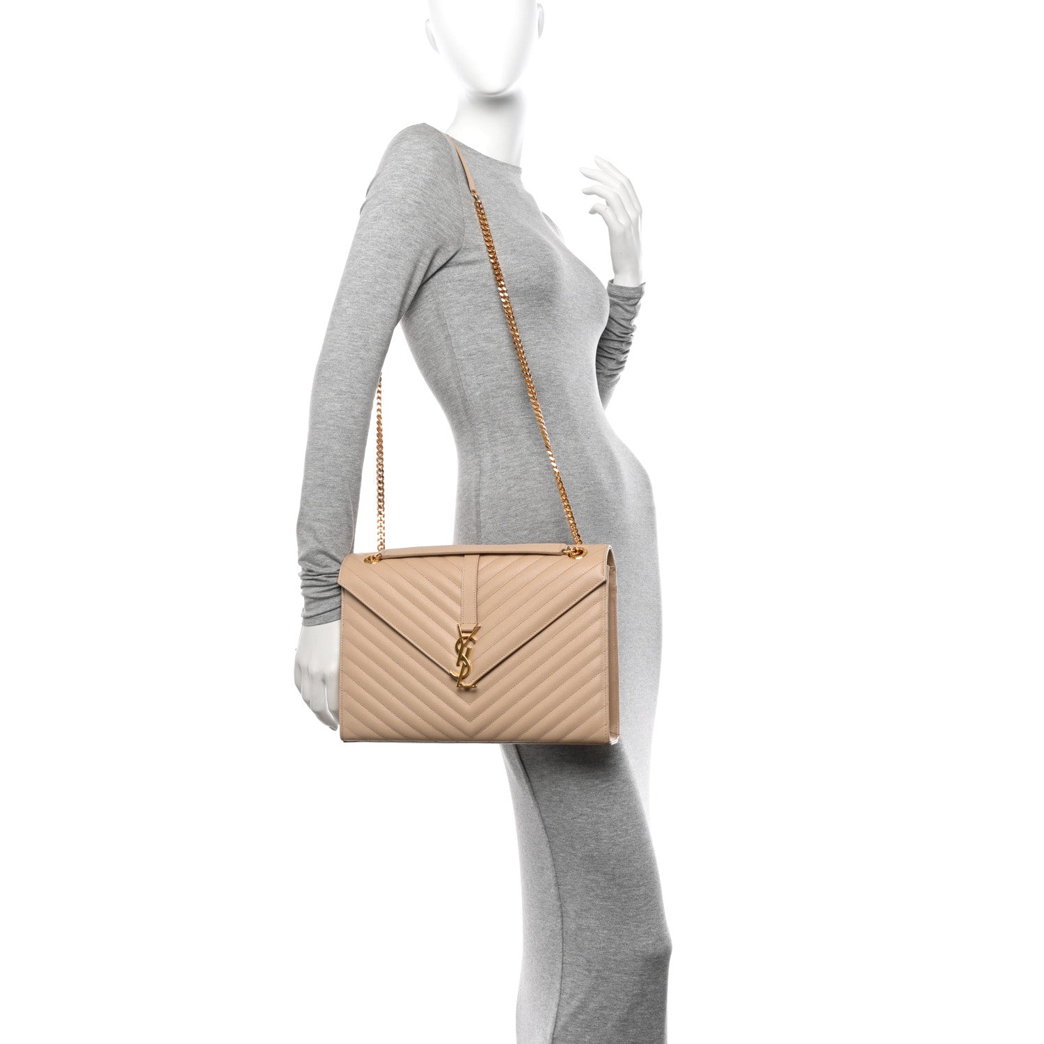 Saint Laurent Grain De Poudre Matelasse Chevron Large Monogram Satchel Nude Powder 2 of 10