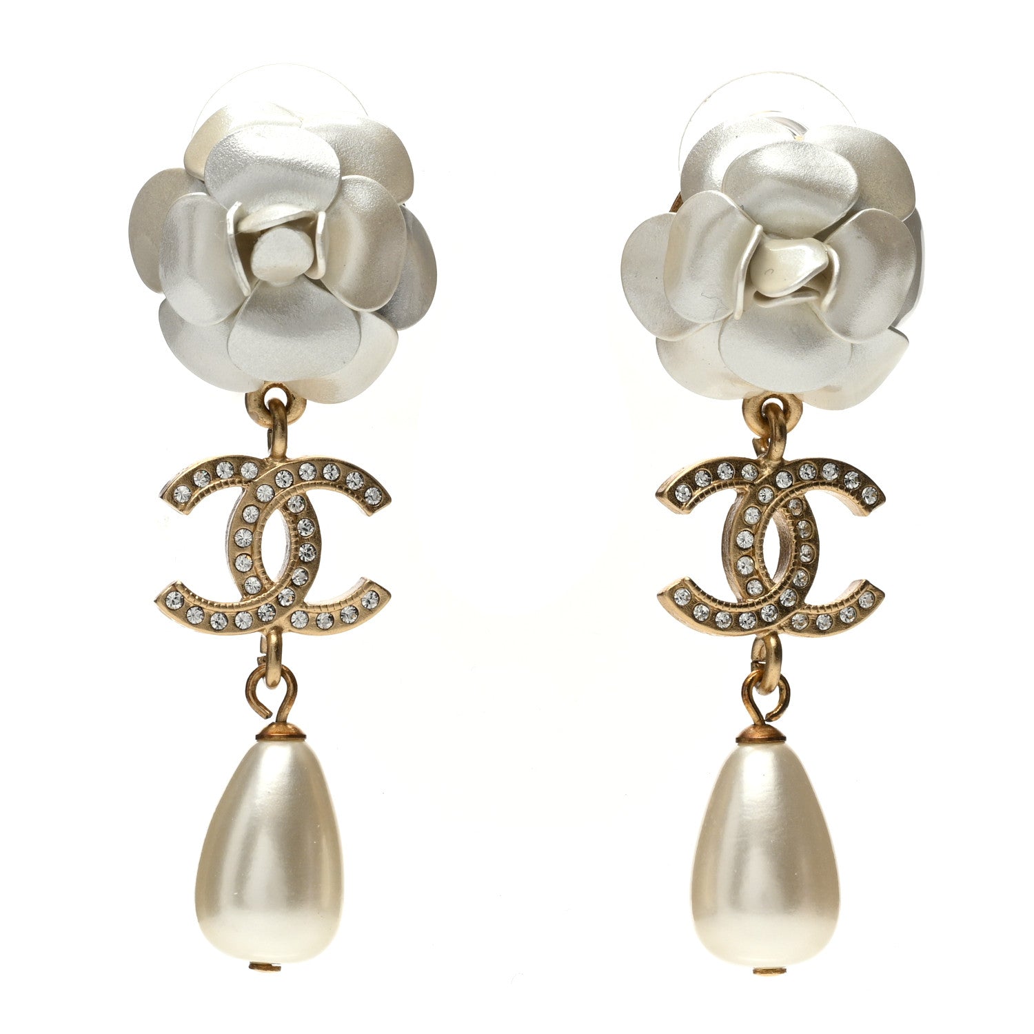 Chanel Metal Crystal Pearl 90s Camellia CC Drop Earrings Gold 1 of 4