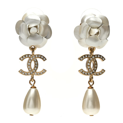 Chanel Metal Crystal Pearl 90s Camellia CC Drop Earrings Gold 1 of 4