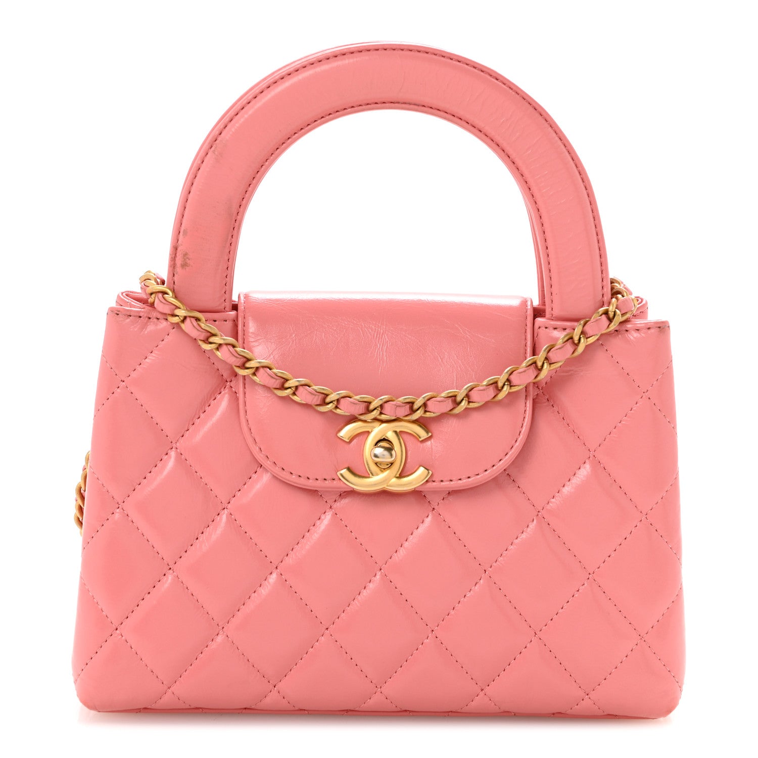 Chanel Shiny Aged Calfskin Quilted Nano Kelly Shopper Coral Pink 1 of 14