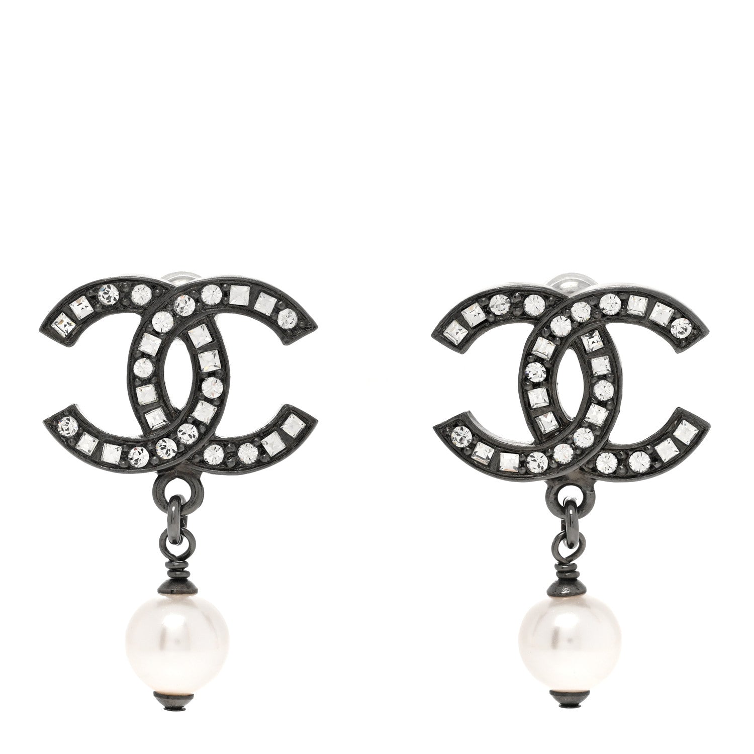 Chanel Ruthenium Crystal Pearl CC Drop Earrings 1 of 4