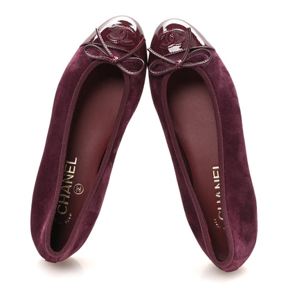 Chanel Suede Patent Calfskin Cap Toe CC Ballerina Flats 37 Burgundy 2 of 9