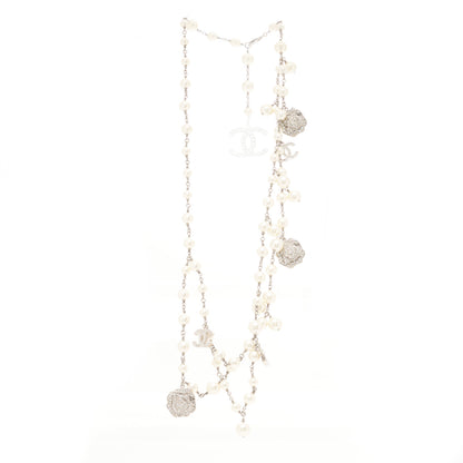 Chanel Crystal Pearl CC Camellia Charm Necklace Silver 3 of 4