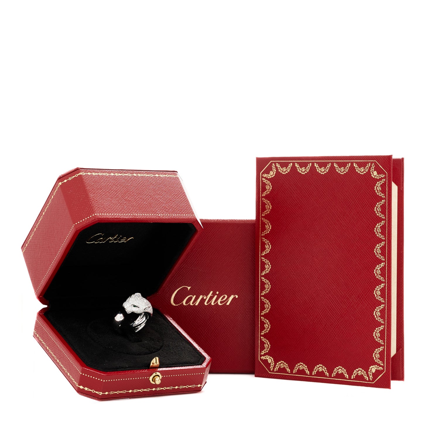 18K White Gold Diamond Black Onyx Emerald Panthere De Cartier Ring 50 5.25