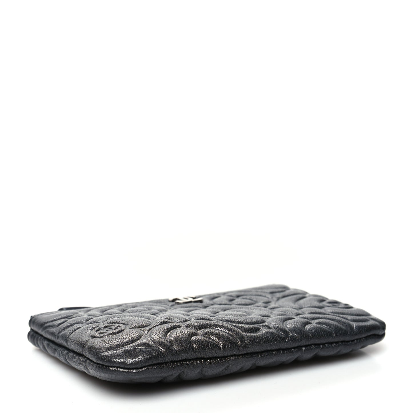 Goatskin Camellia Embossed Cosmetic Pouch Anthracite