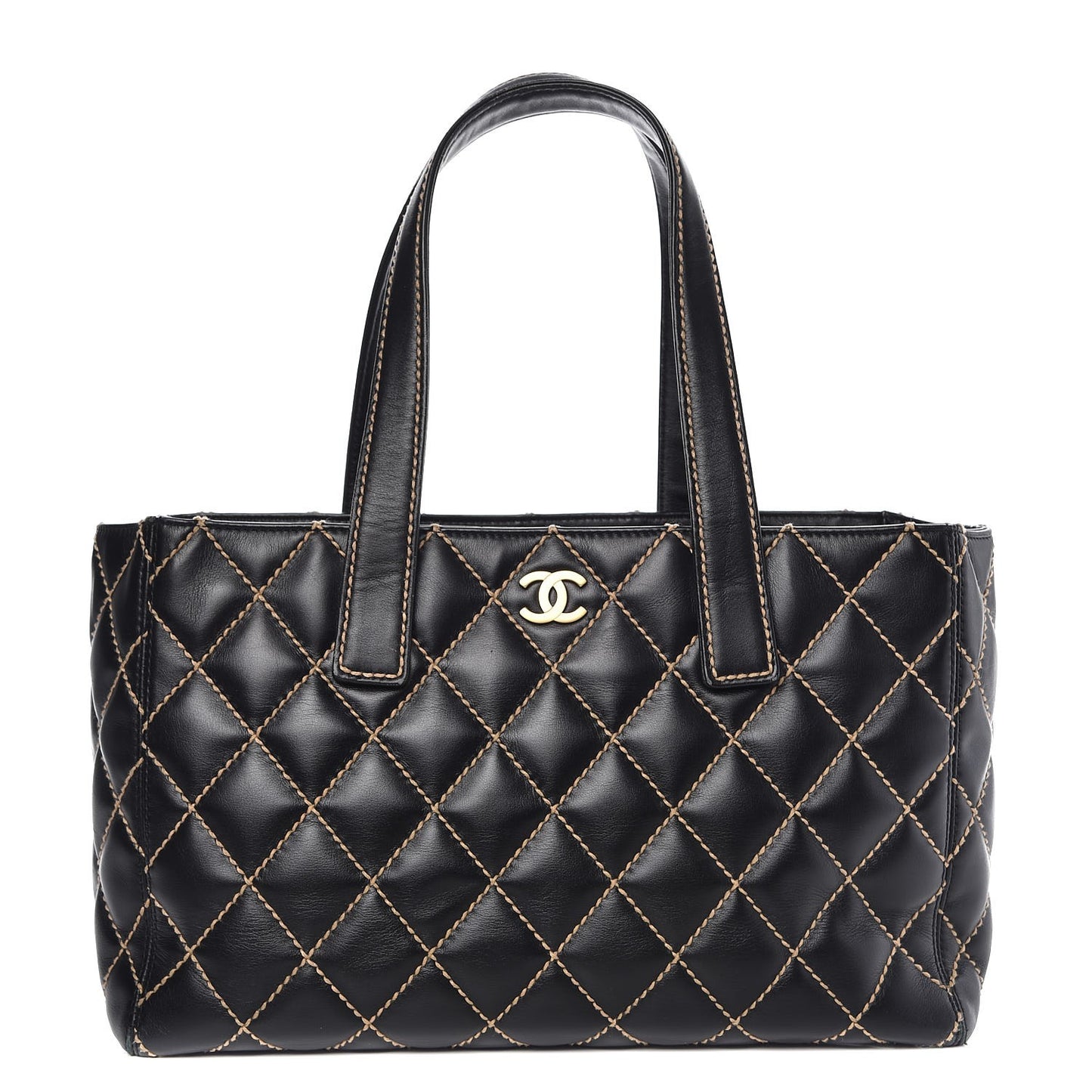 Calfskin Contrast Stitch Surpique Tote Black