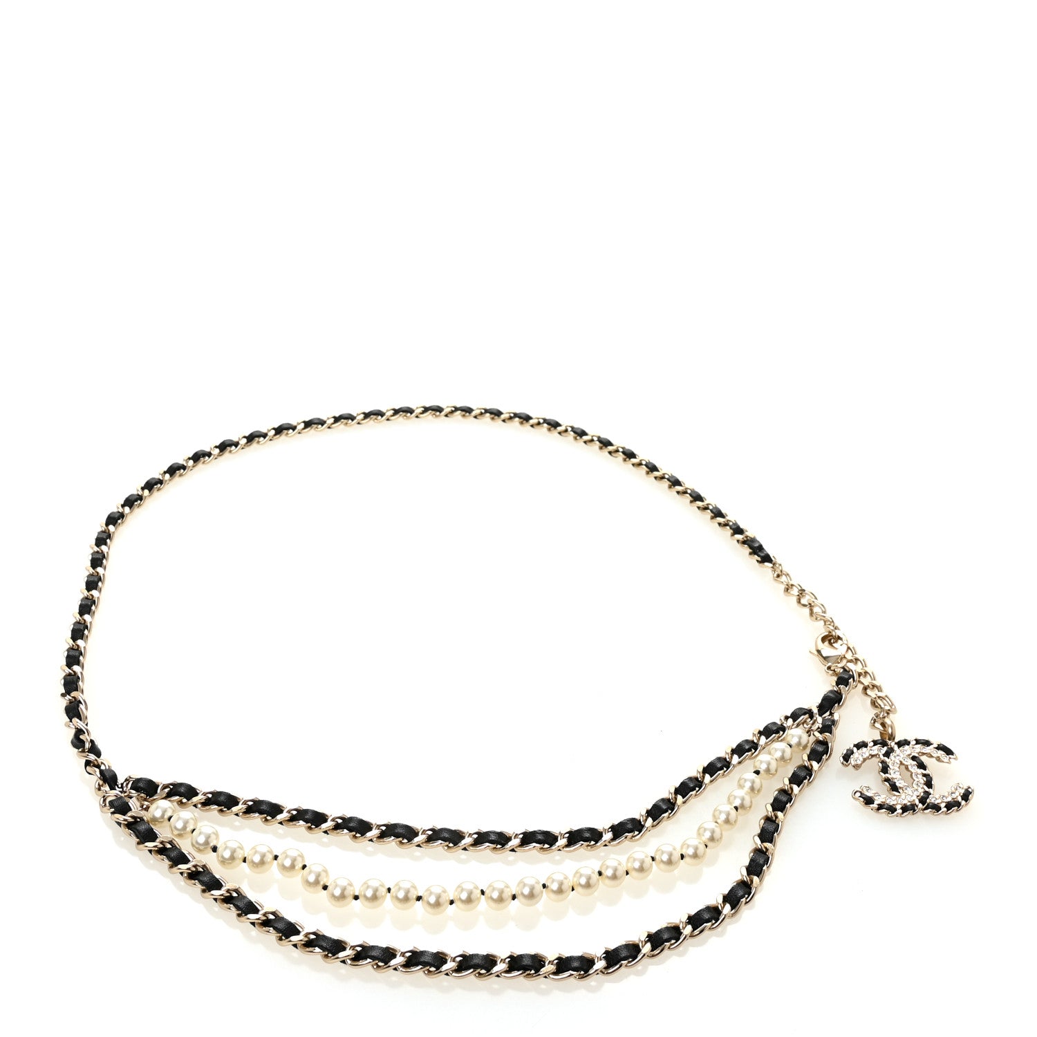 Chanel Lambskin Pearl Crystal Chain CC Fancy Belt 85 Black Gold 1 of 4