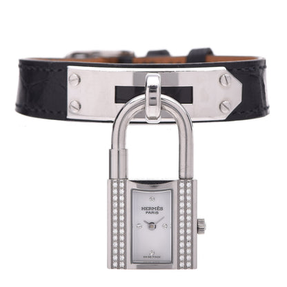 Hermes Stainless Steel Alligator Diamond Mother of Pearl 20mm Kelly Cadena Quartz Watch Noir 9 of 16