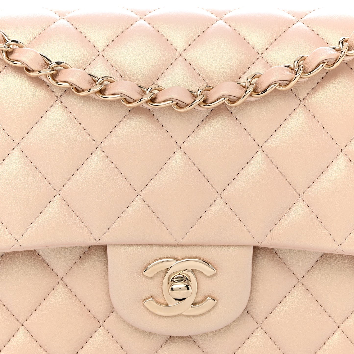 Iridescent Calfskin Quilted Medium Double Flap Beige