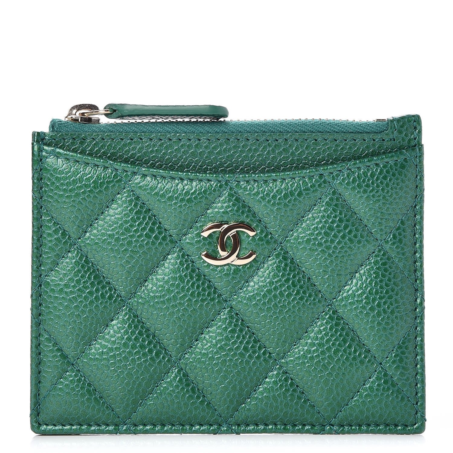 Chanel Metallic Caviar Quilted CC Zip Card Holder Green 1 of 8