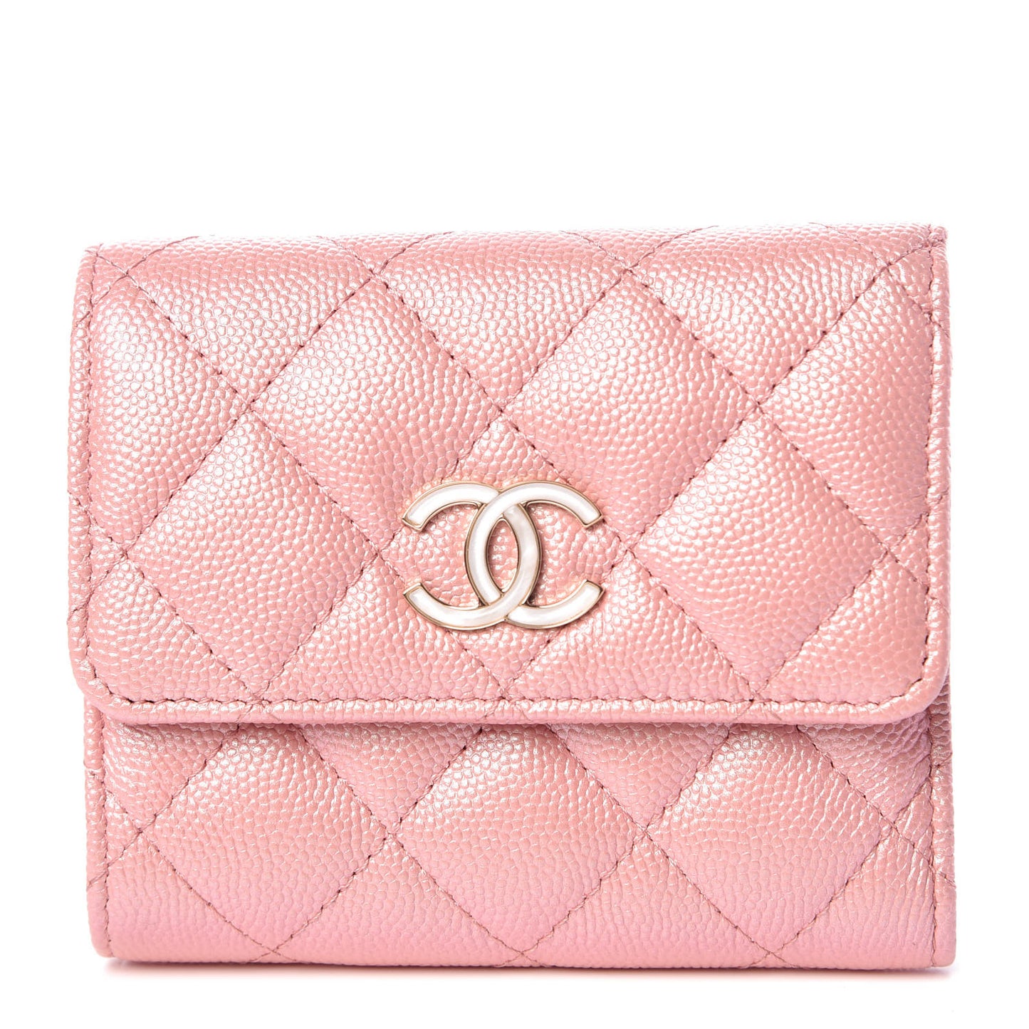 Iridescent Caviar Quilted Small Flap Wallet Rose Pink