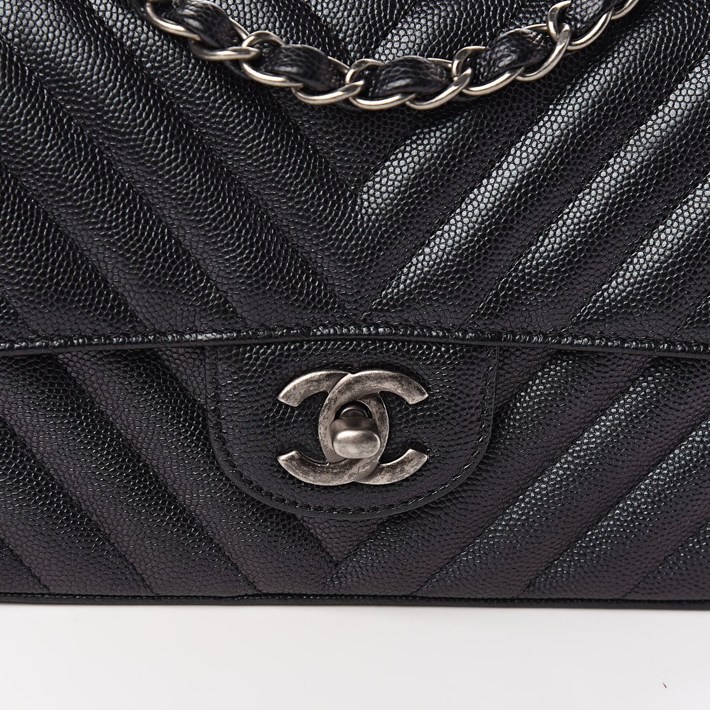 Iridescent Caviar Chevron Quilted Mini Rectangular Flap Black