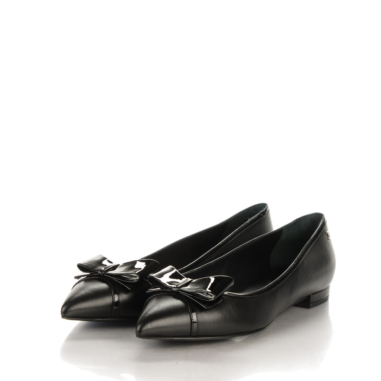 Lambskin Patent Pointed Toe Ballerina Bow Flats 38.5 Black