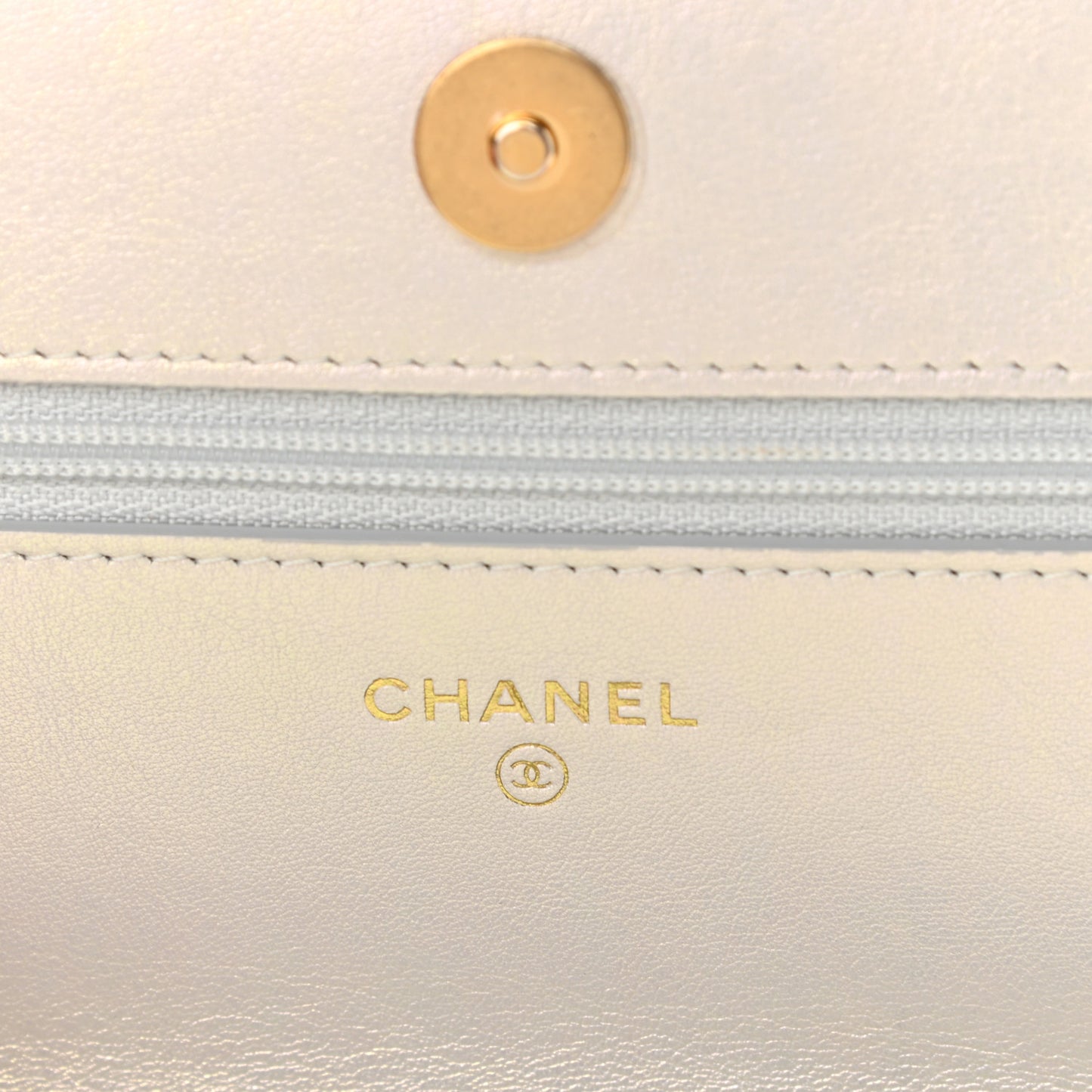 Iridescent Calfskin Quilted Chanel 19 Wallet On Chain WOC White