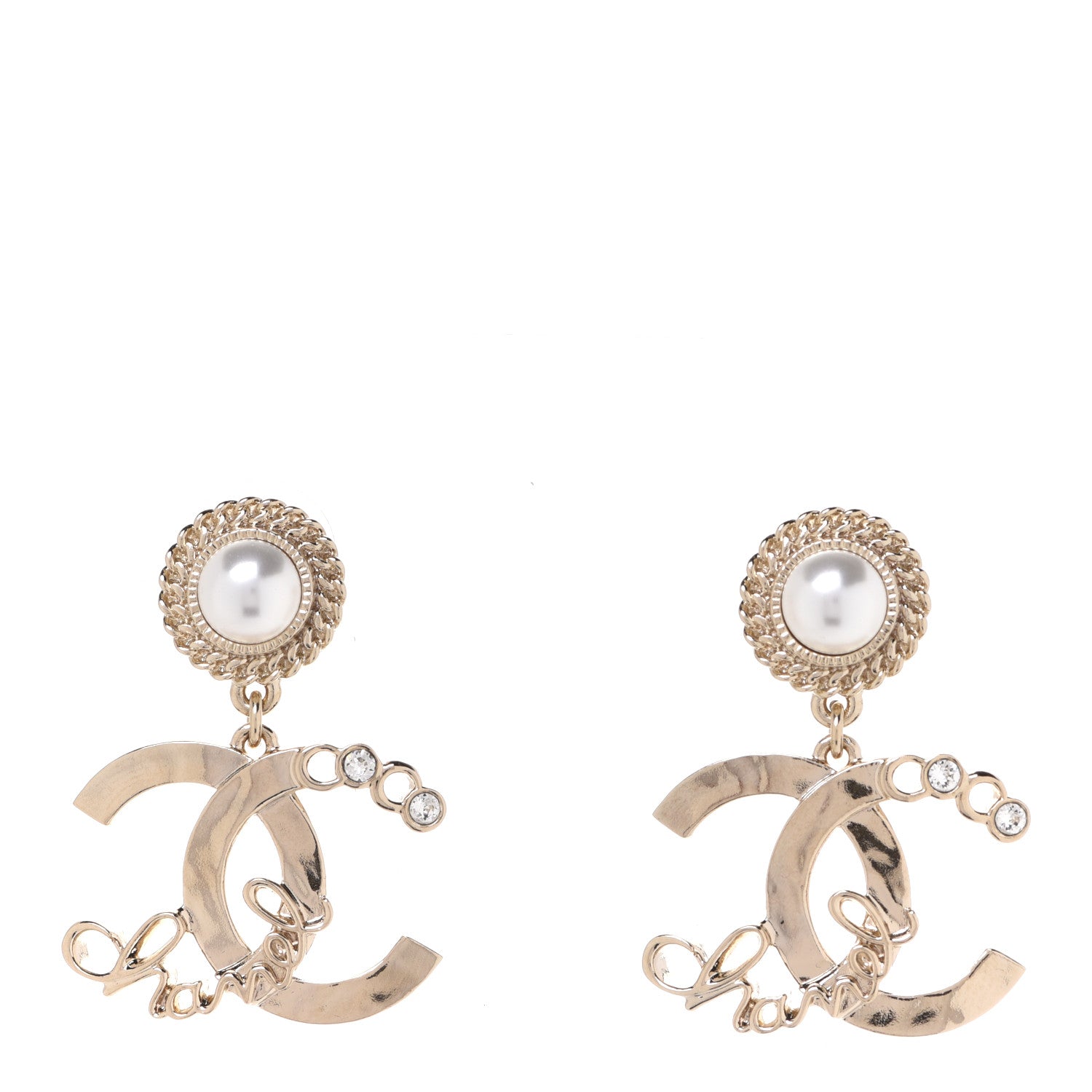 Chanel Metal Pearl Crystal Coco Script CC Drop Earrings Gold 1 of 5