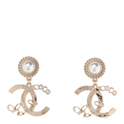 Chanel Metal Pearl Crystal Coco Script CC Drop Earrings Gold 1 of 5