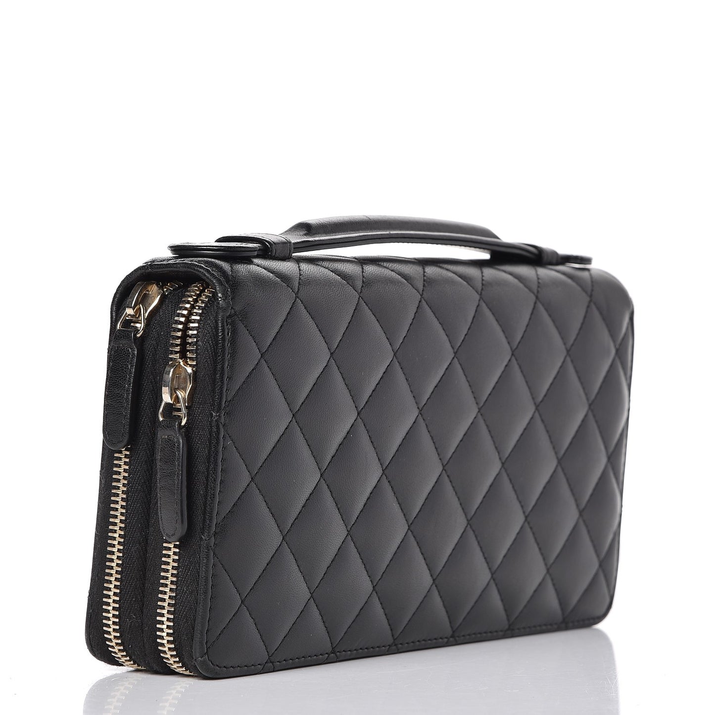 Lambskin Quilted Large Double Zip Around Organizer Wallet Black