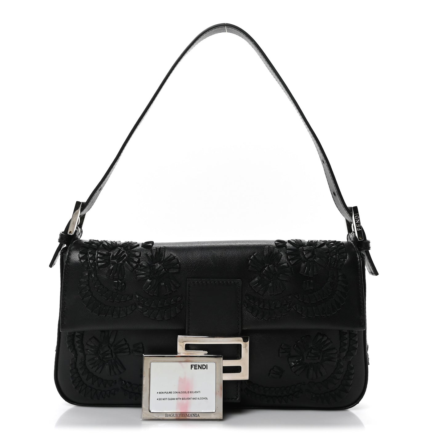 Nappa Floral Embroidered Baguette Black