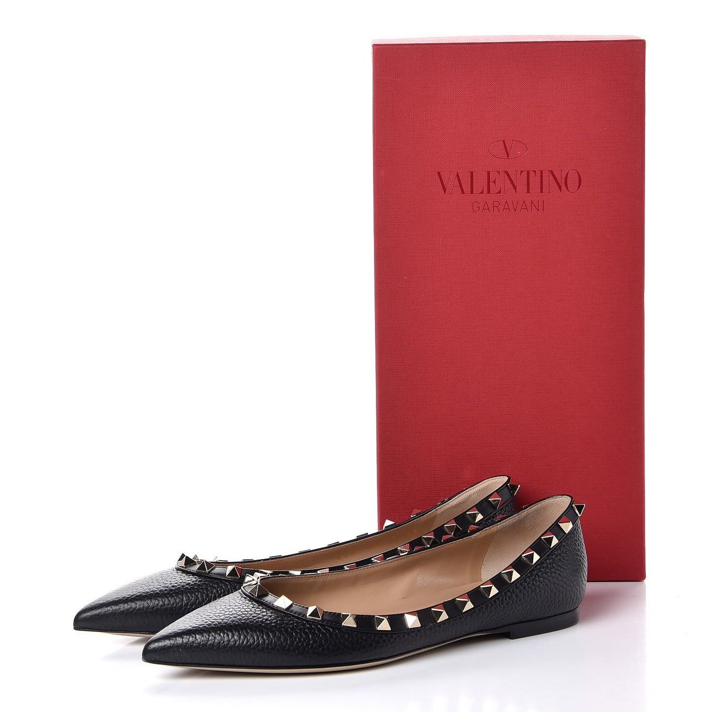 Pebbled Calfskin Rockstud Ballerina Flats 37 Black