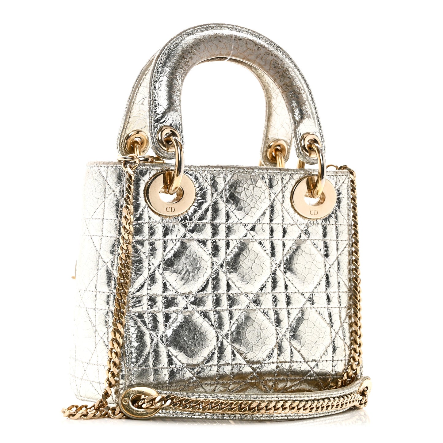 Metallic Crinkled Lambskin Cannage Mini Lady Dior Silver