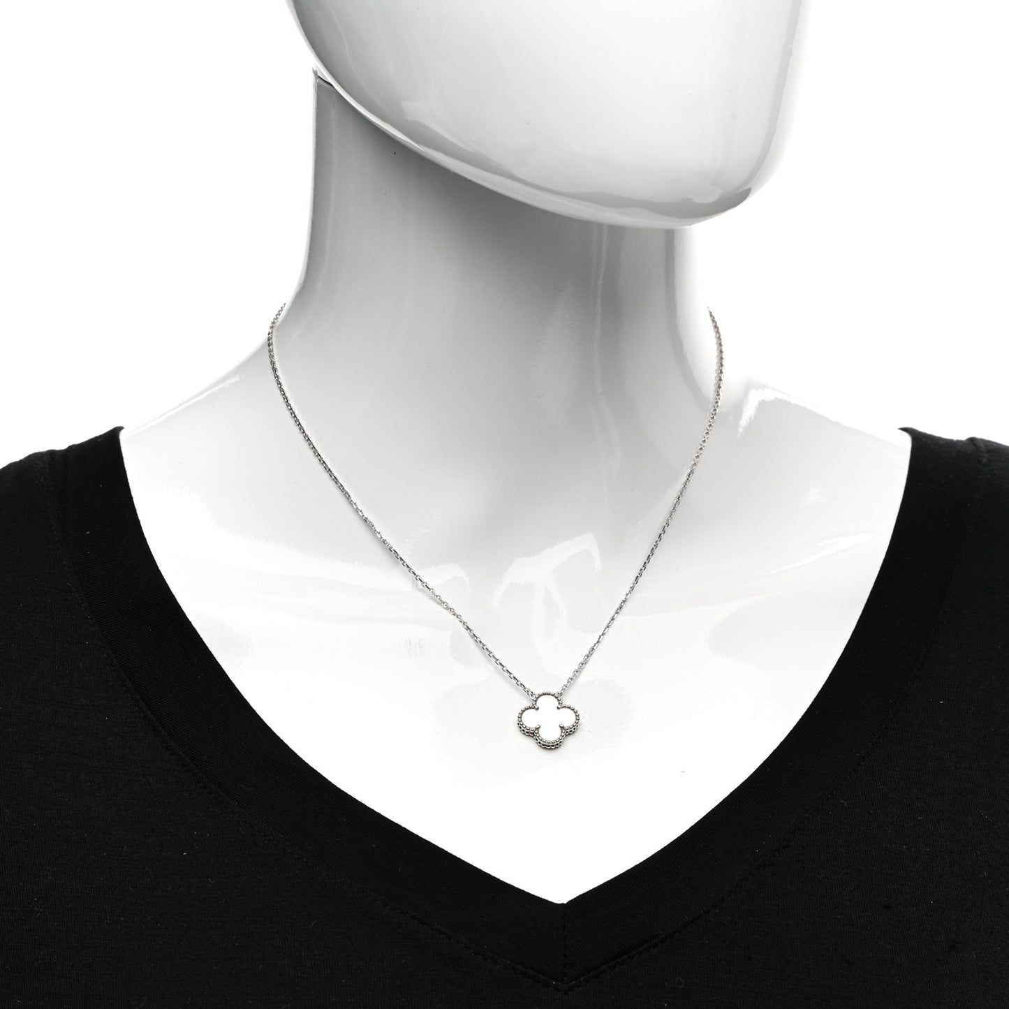 18K White Gold Mother Of Pearl Vintage Alhambra Pendant Necklace