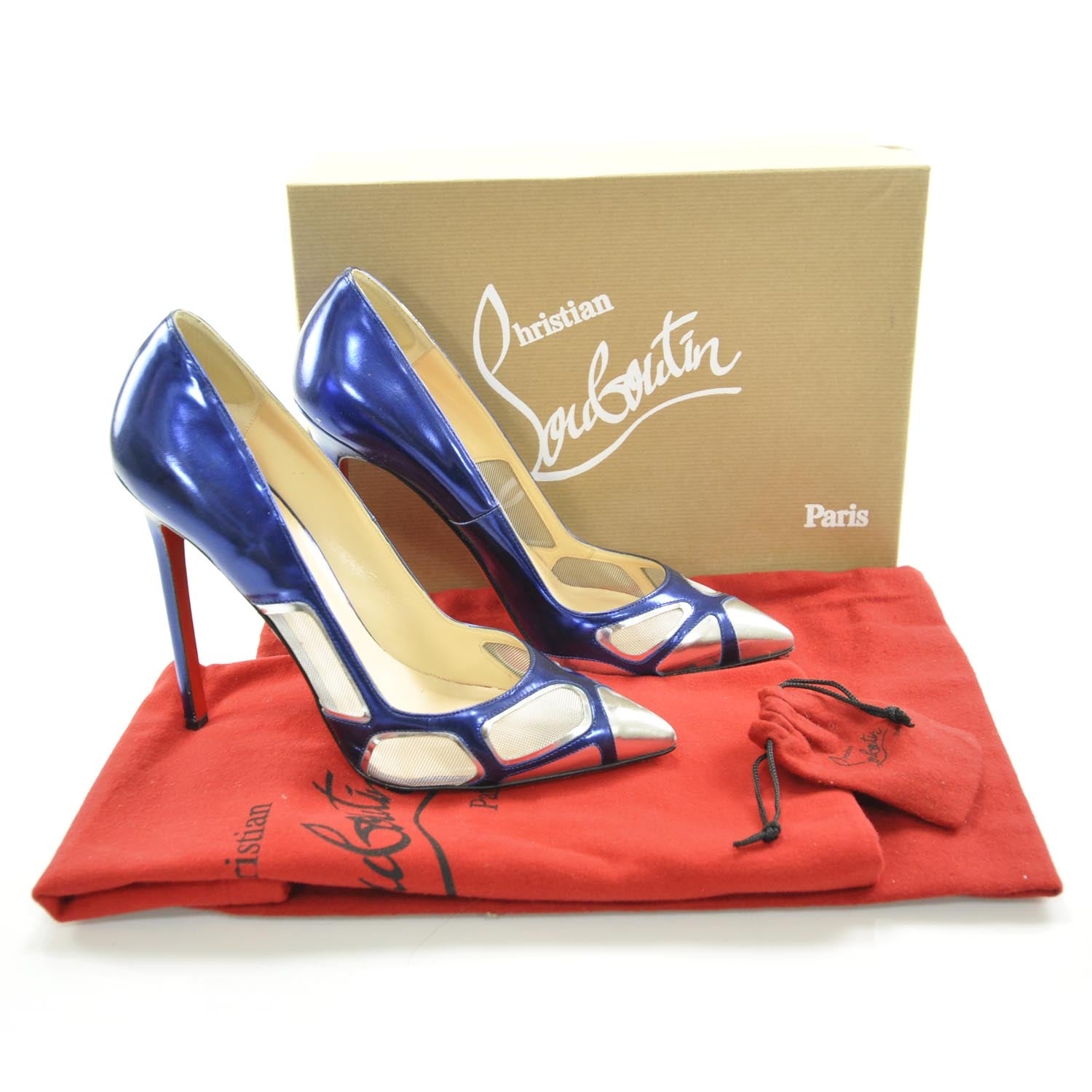 Christian Louboutin Patent Leather Mesh Tashaf 120 Pumps 39 Metallic Blue 4 of 7