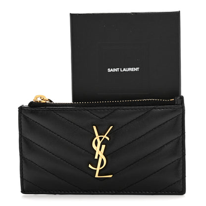 Saint Laurent Calfskin Matelasse Chevron Monogram Fragments Zippered Card Case Black 11 of 11