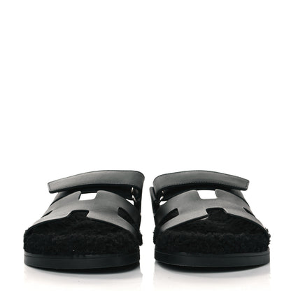 Hermes Calfskin Woolskin Womens Chypre Sandals 37.5 Black 2 of 8