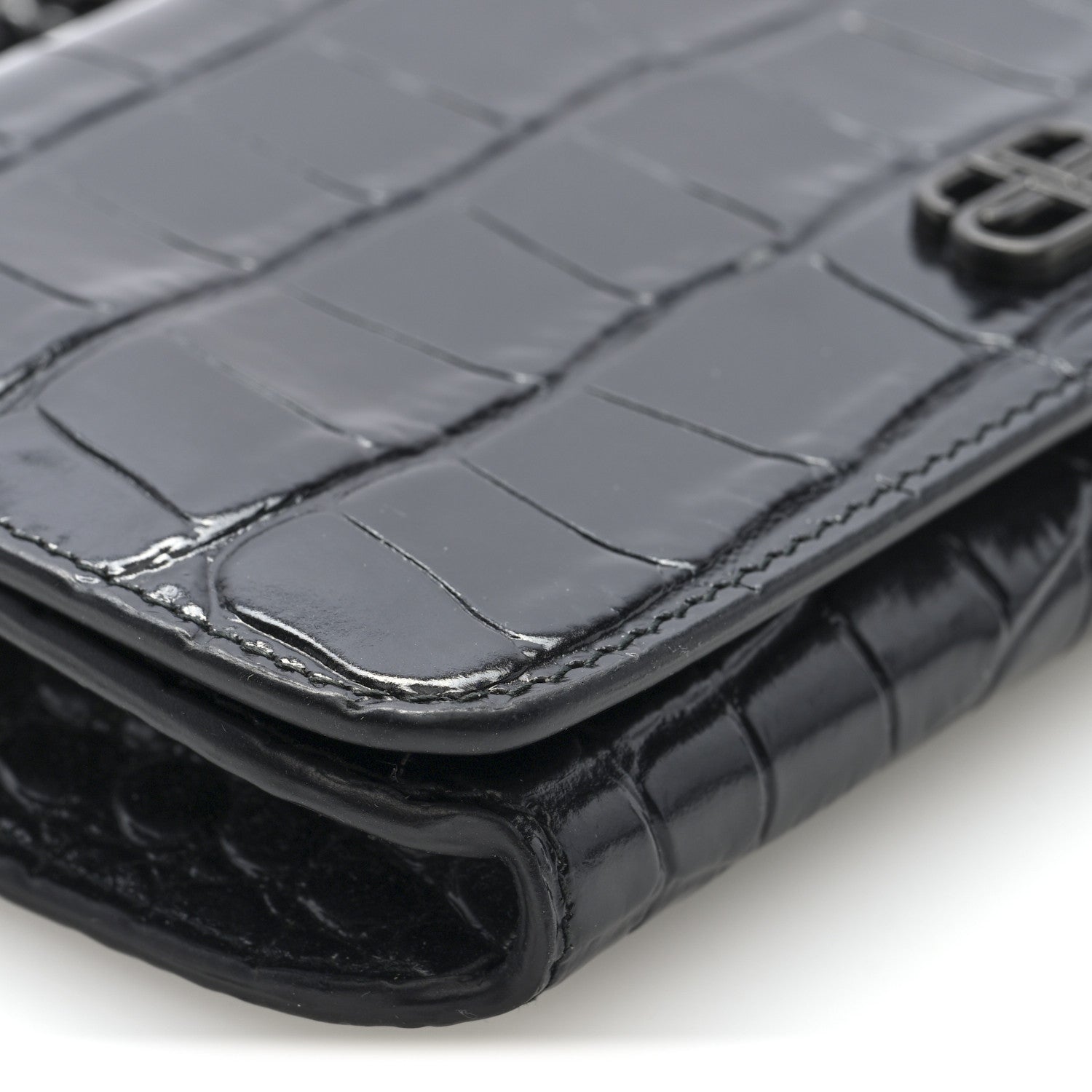 Balenciaga Shiny Calfskin Crocodile Embossed BB Phone Holder Wallet On Chain Black 8 of 10