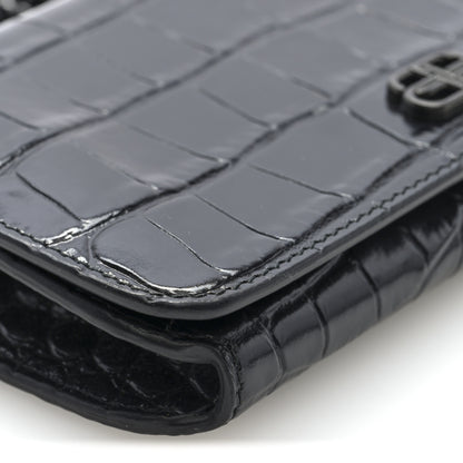 Balenciaga Shiny Calfskin Crocodile Embossed BB Phone Holder Wallet On Chain Black 8 of 10