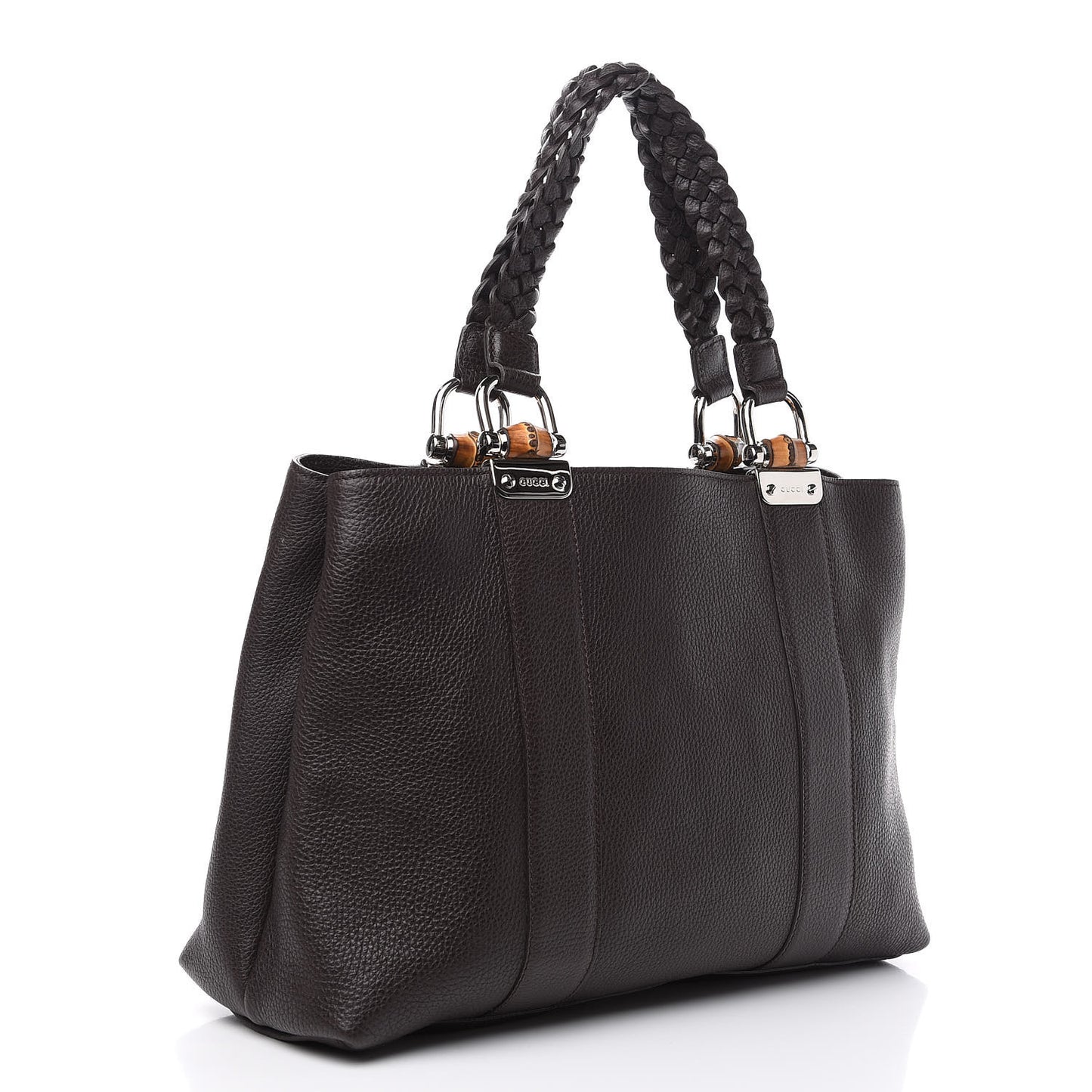 Pebbled Calfskin Medium Bamboo Bar Tote Dark Brown